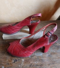 Red Leather 1940s Slingback, Peeptoe Heels Sz 5.5