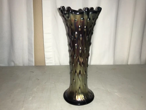 Vintage Northwood Iridescent Amethyst Carnival glass Vase  Tree Trunk 9.5”