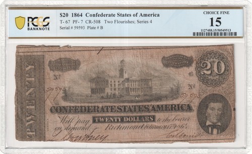 Confederate 1864 $20 T-67 PF-7 CR-508 Note PCGS Choice Fine 15