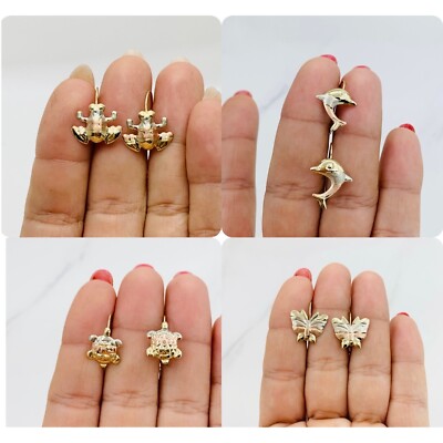10k Gold Ohrringe Schildkröte, Delfin, Schmetterling, Frosch - Aretes Oro tortuga, Rana