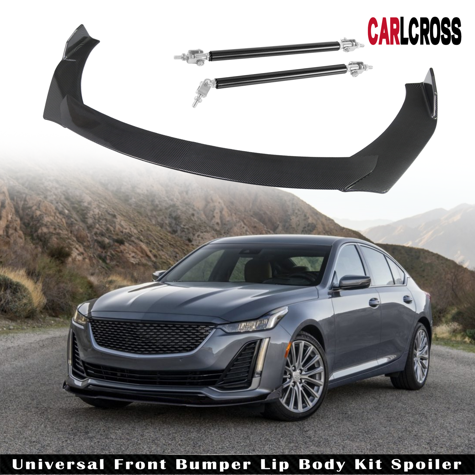 Universal Front Bumper Lip Spoiler Splitter with Strut Rods for Cadillac CT5 XT6