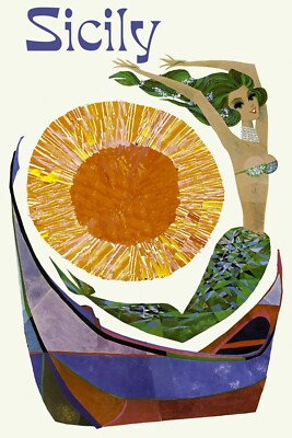 Vintage Mermaid Poster Sicily, Italy : Archival Quality Art Print 13x19