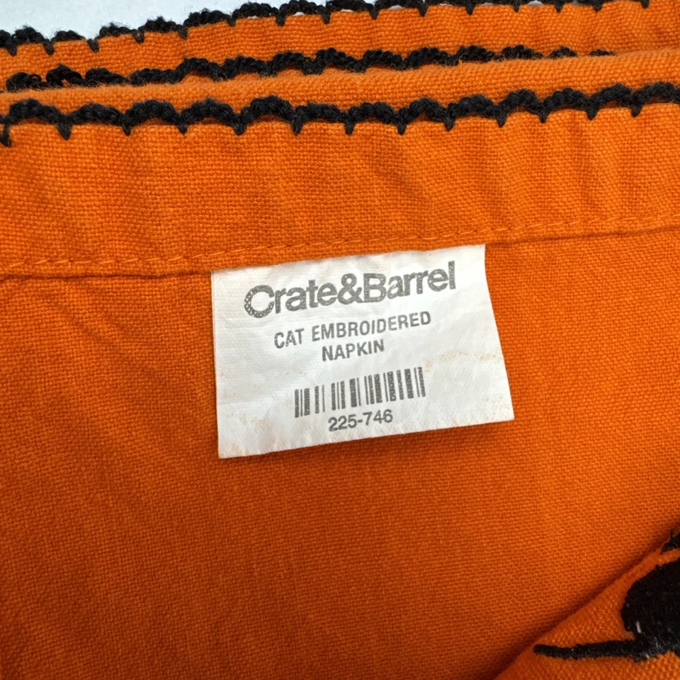 Crate and Barrel Halloween Napkins Set 4 Orange Embroidered Black Cats - Image 3 of 4