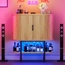 Bar Cabinet with LED Lights, Oval-Shaped Wine Bar Table with 2 Glass Holders, 4 