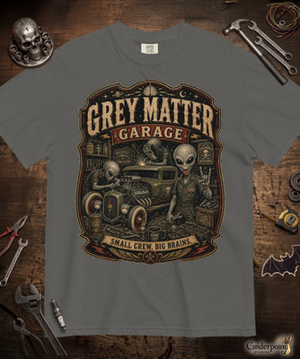 Grey Matter Alien Garage 100% Cotton T-Shirt  ET UFO Hot Rod Gearhead Tee  S-4X