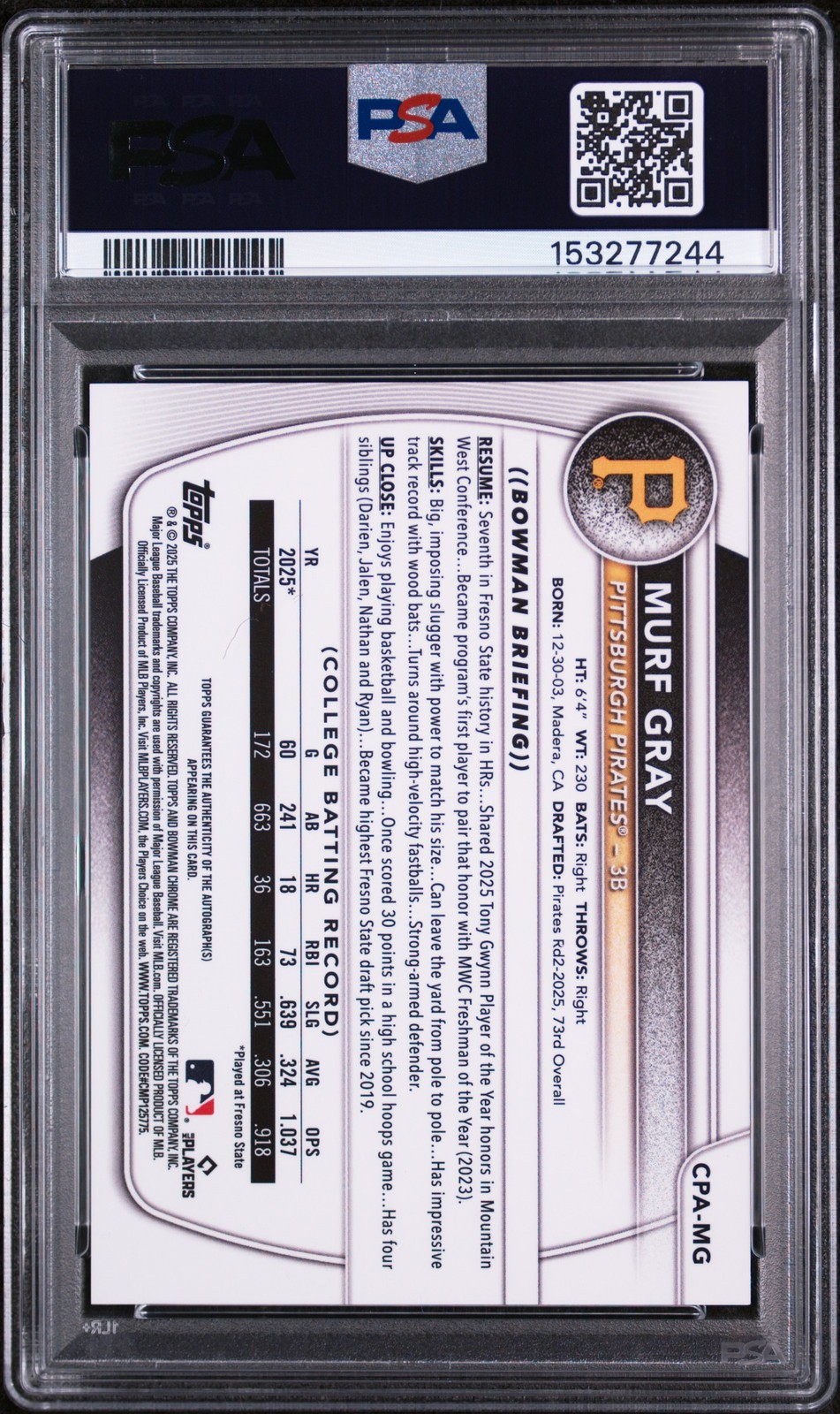2025 BOWMAN DRAFT CHROME PROSPECT AUTO BLUE REFRACTOR MURF GRAY 102/150 PSA 9 view 2