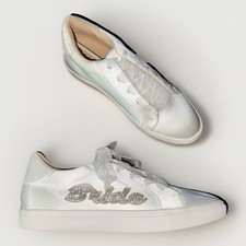 BETSEY JOHNSON Bridal Shoes sz 8.5 White Satin Sneakers Rhinestone Bride
