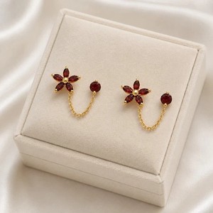 Marquise Lab Created Red Garnet Flower Chain Stud Earrings 14Kyellow Gold Plated