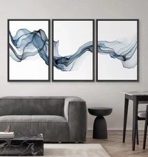 Triptych Signwin Framed Canvas Print | Wall Art Flowing Blue Abstract Modern Art