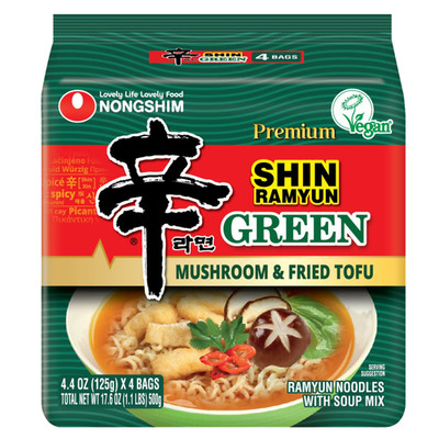 Nongshim Shin Ramyun Green Ramen Noodle Soup Pack 4.4oz x 4 Count, Shelf-Stable@