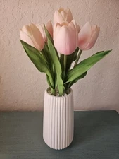 Vintage High Quality Artificial Pink Tulip Arrangement In White Ceramic...