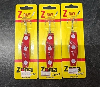 3X LOT ZONA LURES Z-Ray Lure 5/8oz RED W/ WHITE SPOTS TROUT, BASS, PIKE SALMON