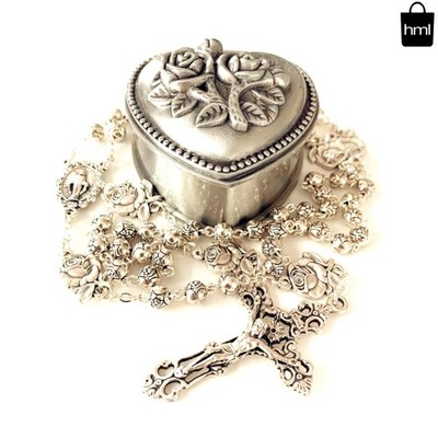 HANDMADE 925 Silver Rose Beads Catholic 5-Decade Rosary with Cross Gift Box Ital