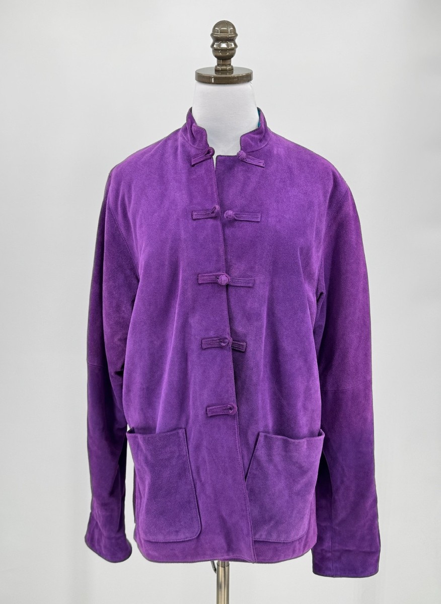 Shanghai Tang Purple Leather Silk Lined Mandarin Collar Jacket Sz