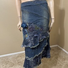 Women  s Blue Denim Cotton Stretch Boho Beads Lace Zip Size L 8-10 Skirt 3332