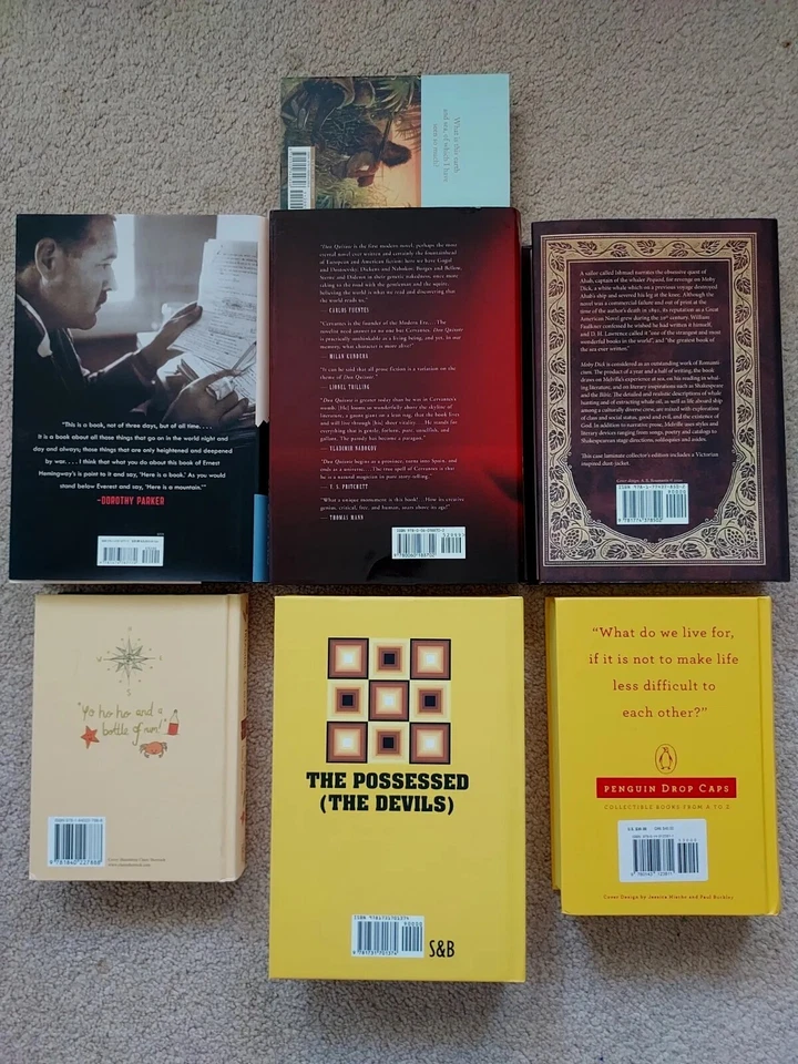 7 Classic Book Lot Dostoevsky Hemingway Melville Eliot Stevenson Cervantes Defoe Foto 2 de 4