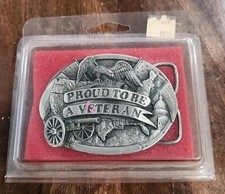 Vtg Belt Buckle "Proud to be a Veteran" Bergamot Brass Works 1983 In Packaging