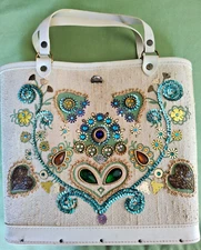 Vtg 60s Enid Collins Texas Style Bucket Bag Purse Jewel Heart Teal Blue Floral