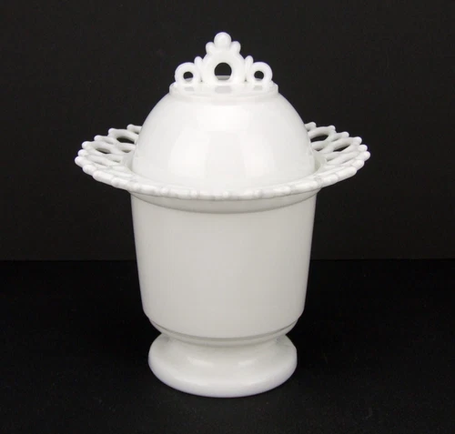 Antique Atterbury Milk Glass Footed Jar with Lid EAPG Lattice Rim Westmoreland