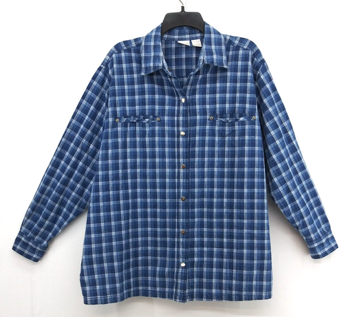 Cherokee Shirt Womens Size 1X Blue Plaid Collared Long Sleeve Snap Button Up