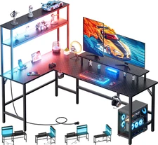 L Shaped Gaming Desk with LED Light & Power Outlet, Reversible Computer Table