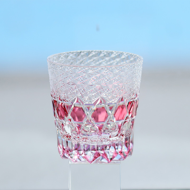 Vintage Gold Pink Hand Cut 11oz Crystal Whisky Glass Tumbler Edo Kirik Glassware-image