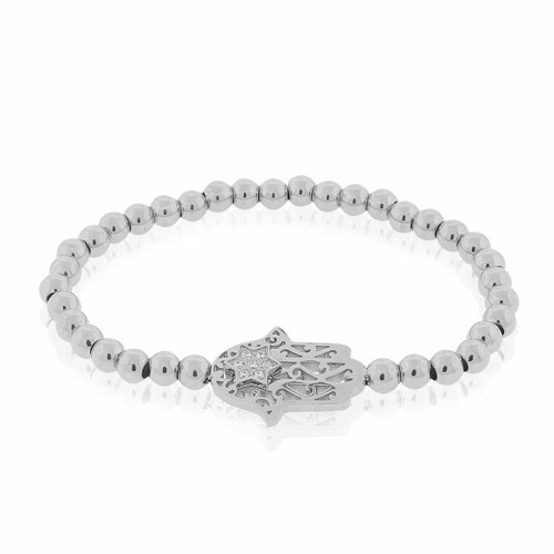 Stainless Steel Silver-Tone Hamsa Star of David CZ Beaded Stretch Bracelet