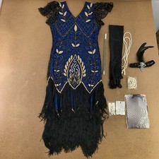 Women's Small Blue Black Sequin Fringe Flapper Dress  Accessory Set 9 Pieces