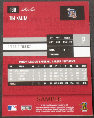 Tim Kalita 2003 Playoff Prestige muestra promoción oro novato #190 Detroit Tigers - Imagen 2 de 2