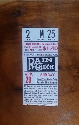 Mickey Cochrane 1934 AL MVP Ticket 1st YR Tigers PlayerMgr Hank Greenberg 2nd YR