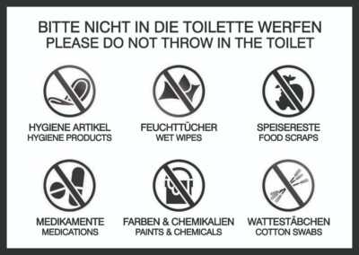 Sticker toilet loo against wet wipes, tampons, clogging, garbage (b/w)