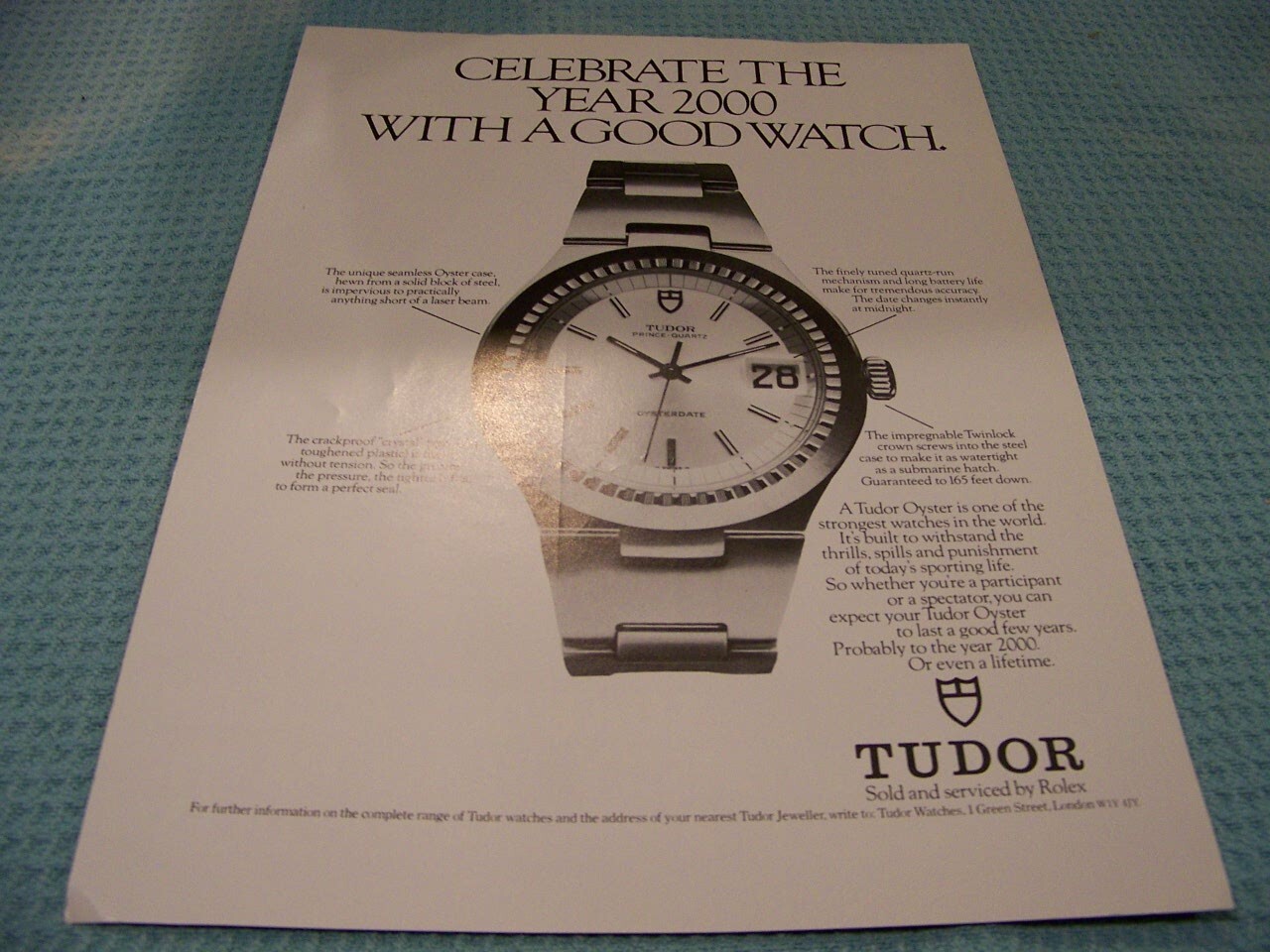 1978 Tudor Oyster Celebrate the Year 2000 Watch 1-Page Sales Ad 811NN