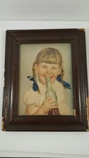 Vintage Painting Lithograph Young Girl Laughing Print Drinking Cola Soda Retro