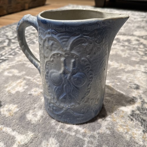 Antique Blue & White Salt Glazed Stoneware Water Crock Pitcher 8” Fruit Pattern