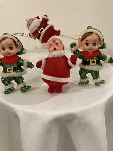 Vintage Christmas Mini Elf And Flocked Santa 4 Pieces