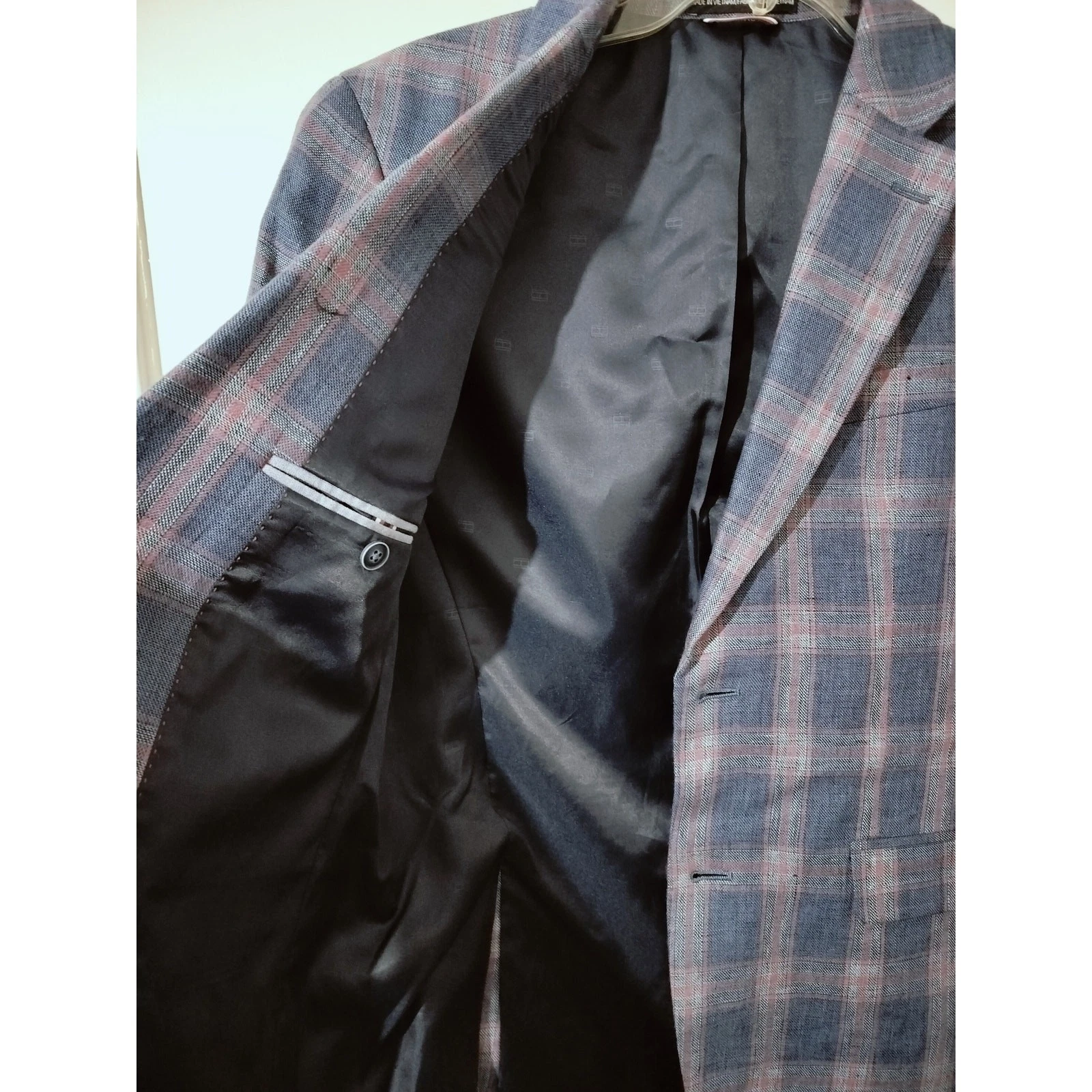 M1250) Tommy Hilfiger Men Blue Plaid Linen Two Button Sports Jacket Size 36S image 10