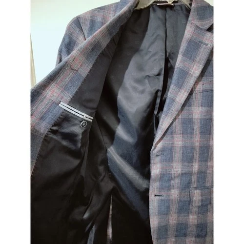 M1250) Tommy Hilfiger Men Blue Plaid Linen Two Button Sports Jacket Size 36S image 10