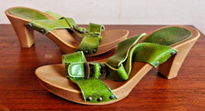 Wallis Green Mule Sandals - Faux Wooden Soles & Leather Straps - Size 39