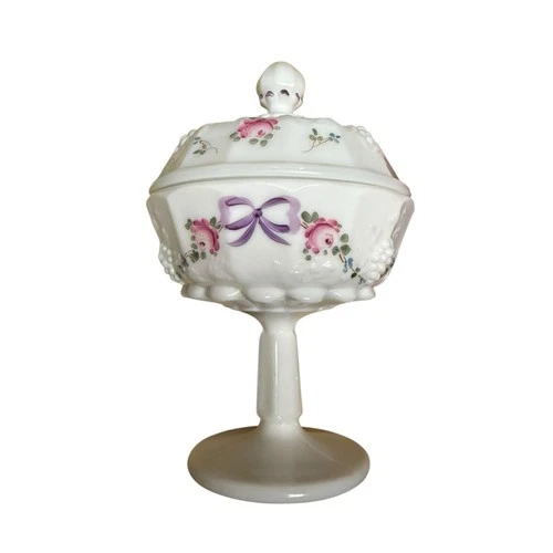 Vintage Westmoreland Roses and Bows Milk Glass Pedestal Compote Candy Dish Jar