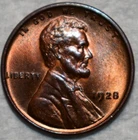 Gem Uncirculated 1928-P Lincoln Cent, Glossy, Red-Brown specimen.