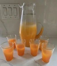 Vintage 50s 60s Blendo Frosted Ombre Orange Pitcher Glasses Gold Rims Set Of 7