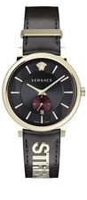 Versace Watch V-Circle Black Dial Gold Steel 42mm Swiss Quartz Leather WR 50m