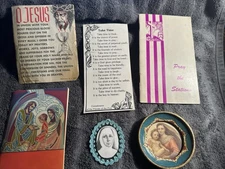 Lot Of 6 Religious items. Prayer Cards, Cloth Touched/Grave Of Mother Theresa