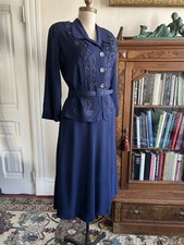 Vintage 1940s Navy Blue Faux Suit Dress Embroidered Studded Peplum Belt M 33W