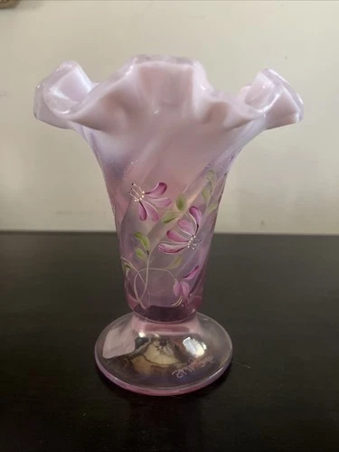 Fenton Glass Pink Opalescent Vase 100th Anniversary  Signed Hand Painted Floral