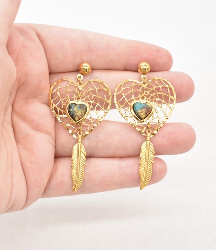2 3/8" Gold-P Southwestern Heart Dream Catcher Earrings Gold Foil Turquoise Chip - Picture 2 of 3