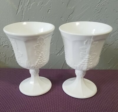 Two Vintage Indiana Glass Colony Harvest White Milk Glass Goblets 