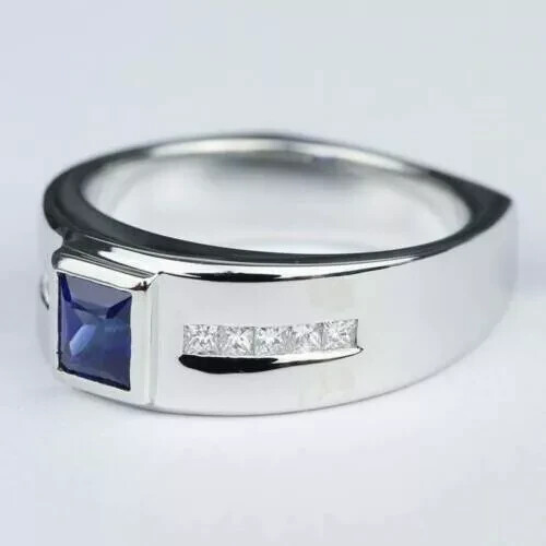 2Ct Princess Lab-Created Sapphire 14k White Gold Plated Men's Engagement Ring - Picture 3 of 4
