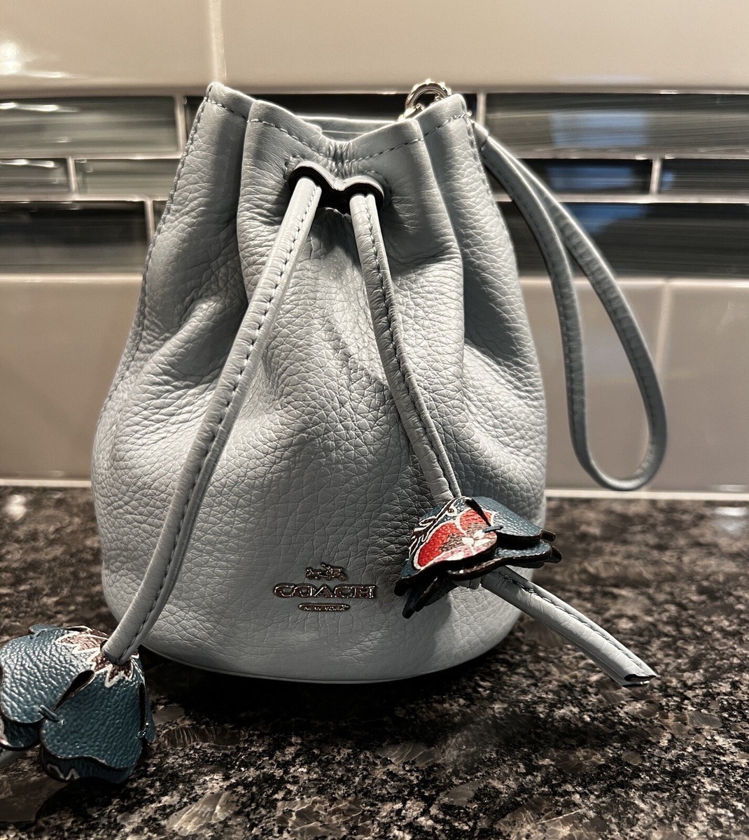 COACH Tulip Daisy Pebbled Leather Drawstring Pouch Bag Wristlet