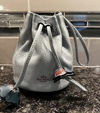 COACH Tulip Daisy Pebbled Leather Drawstring Pouch Bag Wristlet Light Blue
